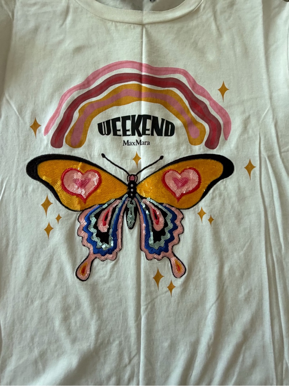 Weekend MaxMara White Tee with Rainbow & Butterfly